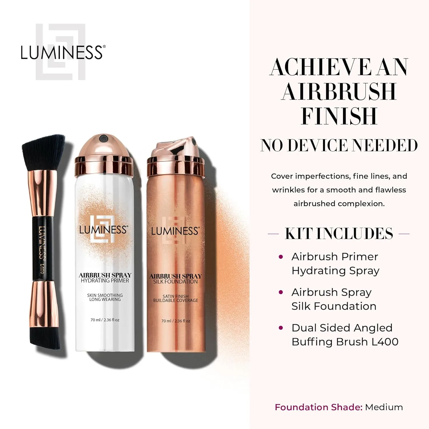 LUMINESS Airbrush Spray Silk Foundation Starter Kit - Medium - Foundation, Primer & Dual-Sided Angled Buffing Brush - Medium, Buildable Coverage, Anti-Aging Formula Hydrates & Moisturizes