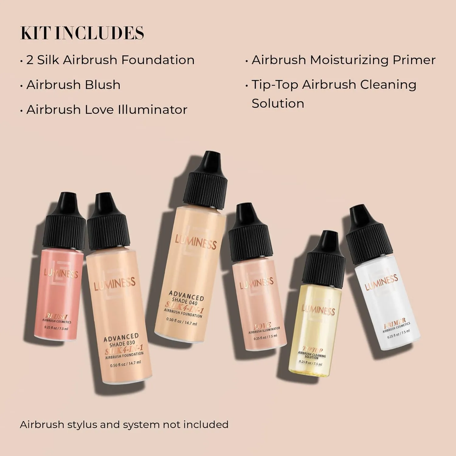 Luminess Silk 4-in-1 Airbrush Foundation Makeup Starter Kit - Medium Coverage, 6-piece - Includes 2x Silk Airbrush Foundation, Blush, Glow Highlighter, Moisturizer Primer & Airbrush Cleaning Solution