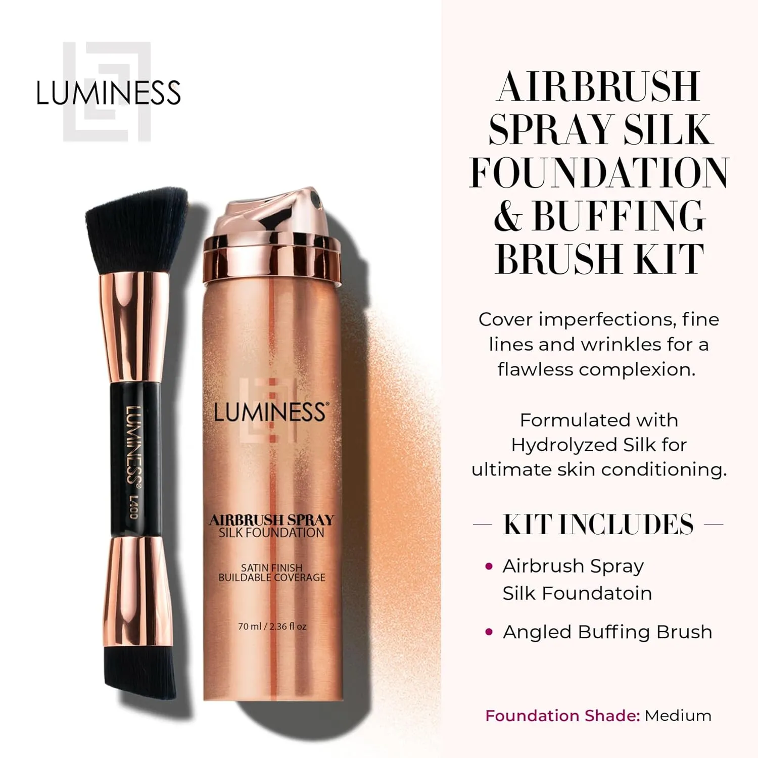 LUMINESS Silk Airbrush Spray Foundation & Buffing Brush Kit – Full Coverage Foundation & Dual-Sided Buffing Brush - Buildable Coverage, Anti-Aging Formula Hydrates & Moisturizes (Shade - Medium)