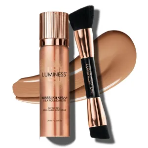LUMINESS Silk Airbrush Spray Foundation & Buffing Brush Kit – Full Coverage Foundation & Dual-Sided Buffing Brush - Buildable Coverage, Anti-Aging Formula Hydrates & Moisturizes (Shade - Warm Dark)