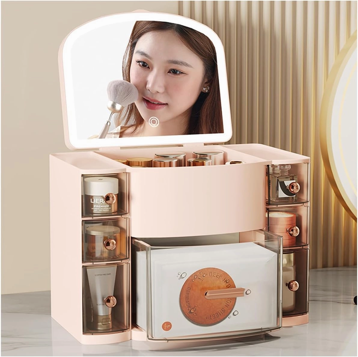 Luminous Mirror Makeup Organizer Large Storage Shelf Transparent Storage Organizer Suitable for Lipstick, face mask, and Other Cosmetics(Orange)