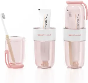 Luxury Transparent Pink Plastic Travel Toothbrush Holder Case with Cover, Portable Travel Toothbrush Cup, Storage Container for School Camping Business Trip Bathroom