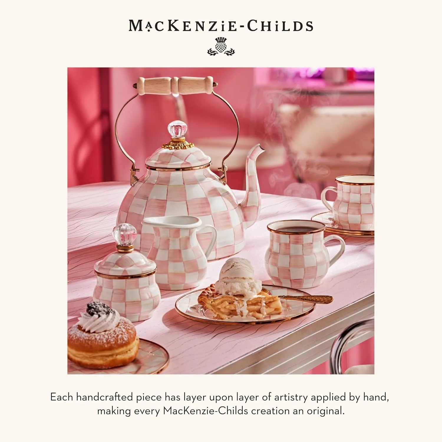 MACKENZIE-CHILDS Enamel Salad and Dessert Plate, Small Plate for Appetizers or Desserts, 8 Inches, Pink-and-White Rosy English Garden