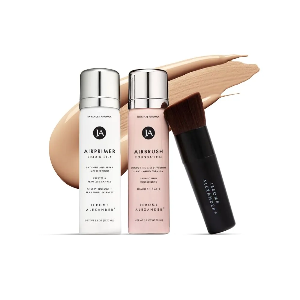 MagicMinerals AirBrush Foundation Set by Jerome Alexander – 3pc Set Includes Primer, Foundation and Kabuki Brush - Spray Makeup with Anti-aging Ingredients for Smooth Radiant Skin (Light)