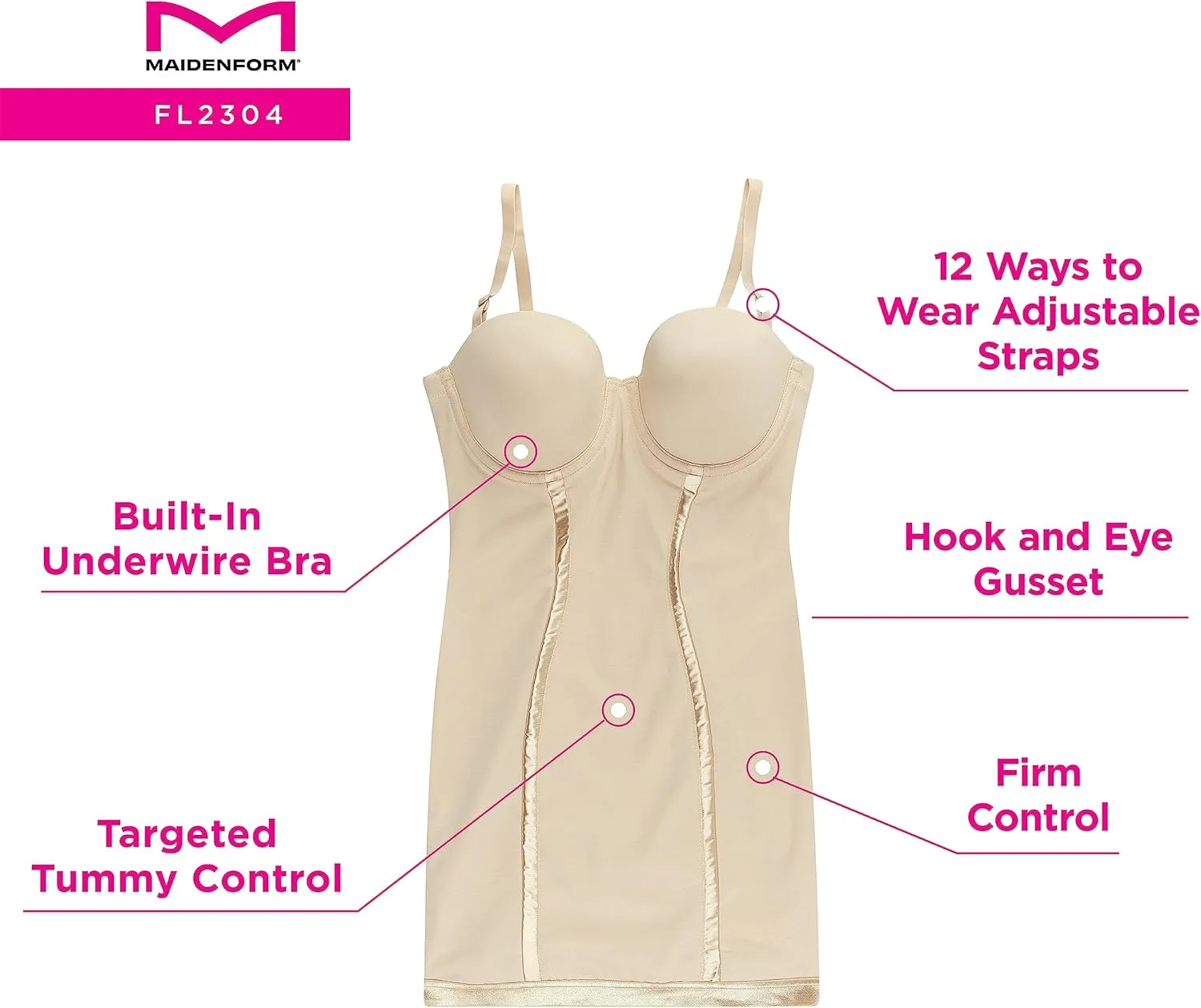 Maidenform Women's Shapewear Tummy Control Full Slip Shapewear, Convertible to Strapless Built-In Underwire Bra Shaping Slip