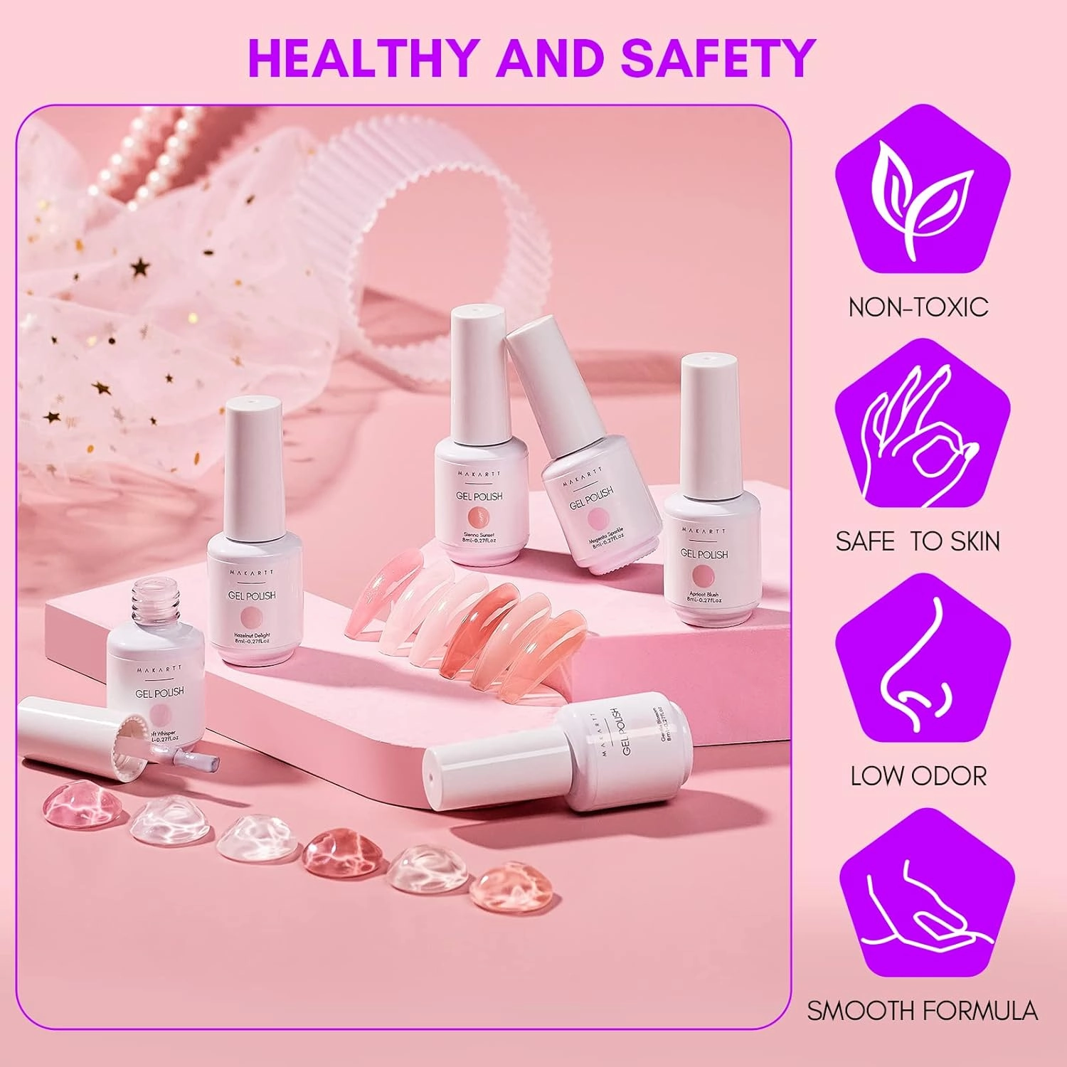 Makartt Gel Nail Polish Set, 6PCS 8ml Natural Nude Jelly Pink Milky White Soak Off UV/LED Gel for DIY Manicure & Nail Art Designs, Home & Salon Use