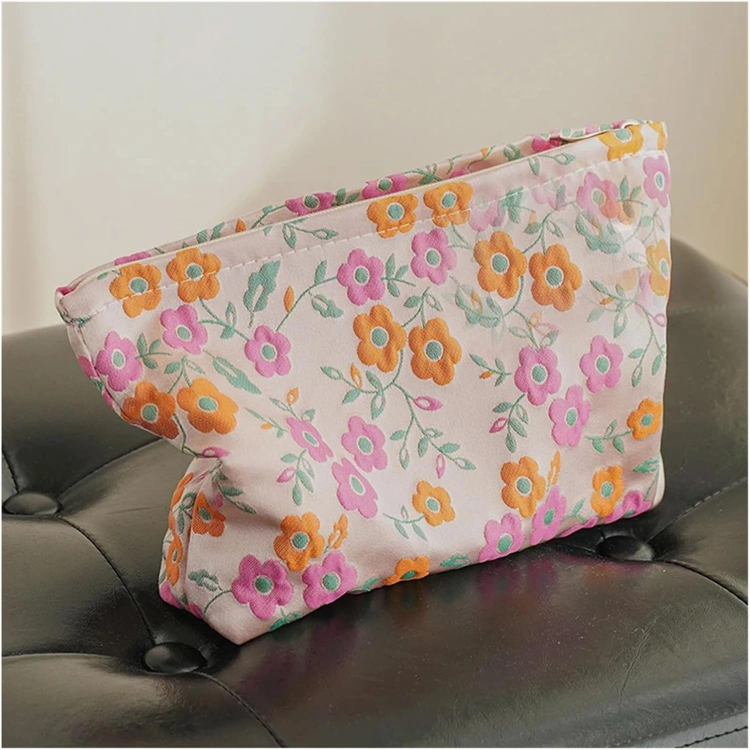 makeup bag Orange Flowers, Large Capacity Lipstick, Air Cushion, Sanitary Napkin, Storage Bag, Portable Toiletry Bag(Black flowers)