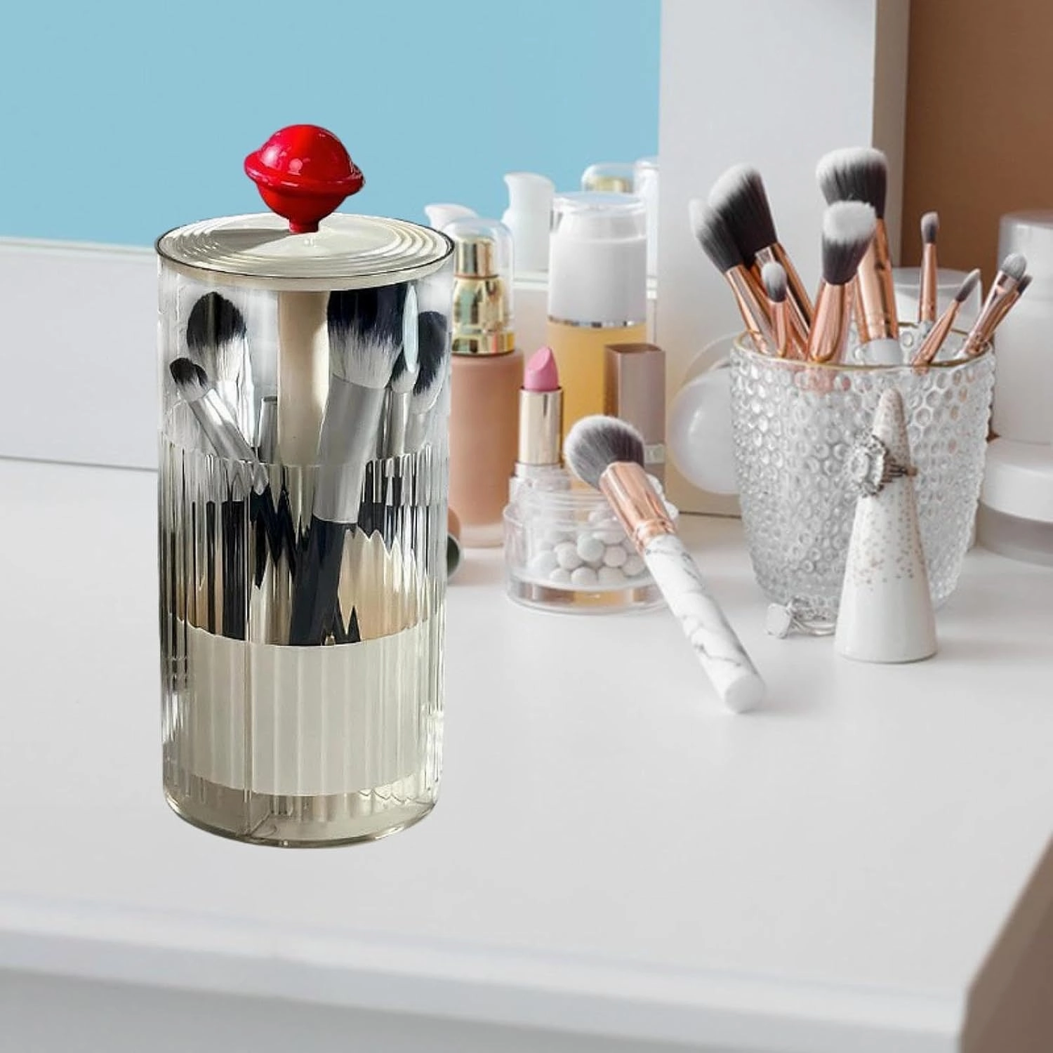 Makeup Brush Holder Transparent Automatic Lifting Multipurpose Dustproof 4 Compartment with Lid Makeup Organizer for Bathroom, Red and White