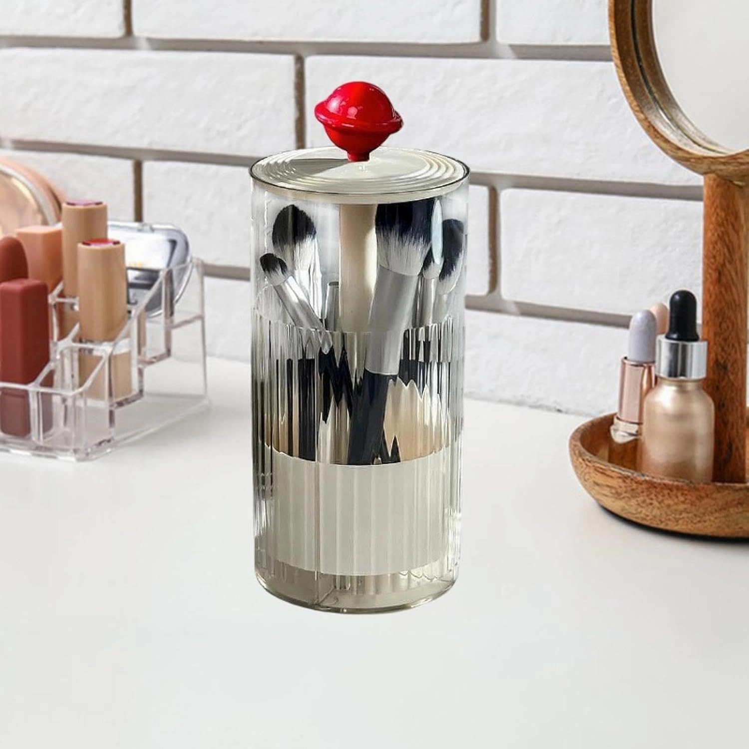 Makeup Brush Holder Transparent Automatic Lifting Multipurpose Dustproof 4 Compartment with Lid Makeup Organizer for Bathroom, Red and White