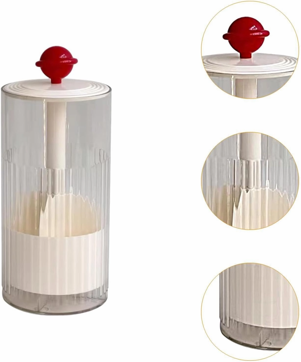 Makeup Brush Holder Transparent Automatic Lifting Multipurpose Dustproof 4 Compartment with Lid Makeup Organizer for Bathroom, Red and White