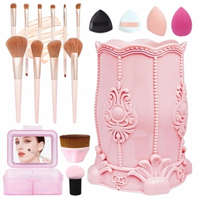 Makeup Brushs Organizer Countertop Holder Makeup Brushes Tools Set Professional 18 Pieces For Painting Mirror Brush Facial Brush Set Eye Shadow Set Makeup Brusher (Pink)