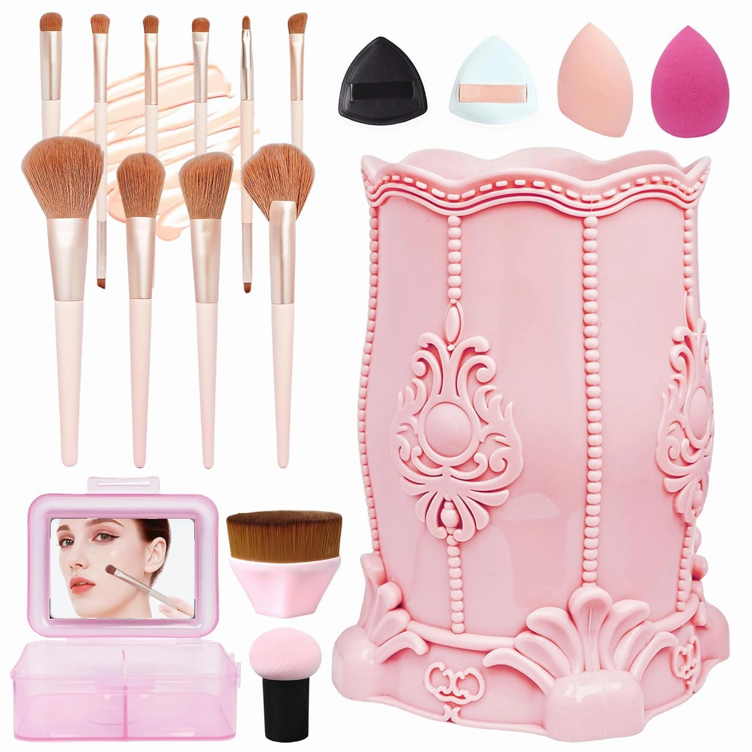 Makeup Brushs Organizer Countertop Holder Makeup Brushes Tools Set Professional 18 Pieces For Painting Mirror Brush Facial Brush Set Eye Shadow Set Makeup Brusher (Pink)