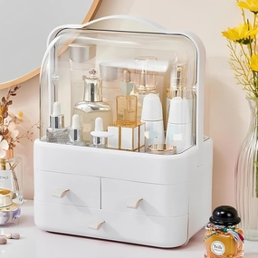 Makeup Organizer and Storage for Vanity with Lid and Drawers, Waterproof and Dustproof Portable Skincare Cosmetics Boxes, Makeup Caddy Holder for Vanity Countertop, Bathroom, Dresser-All White