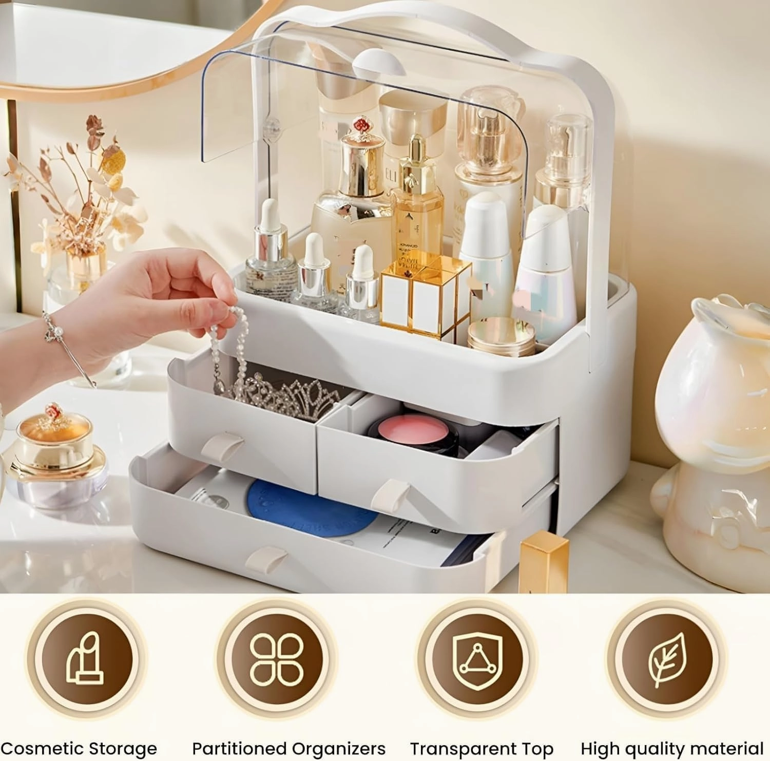 Makeup Organizer and Storage for Vanity with Lid and Drawers, Waterproof and Dustproof Portable Skincare Cosmetics Boxes, Makeup Caddy Holder for Vanity Countertop, Bathroom, Dresser-All White