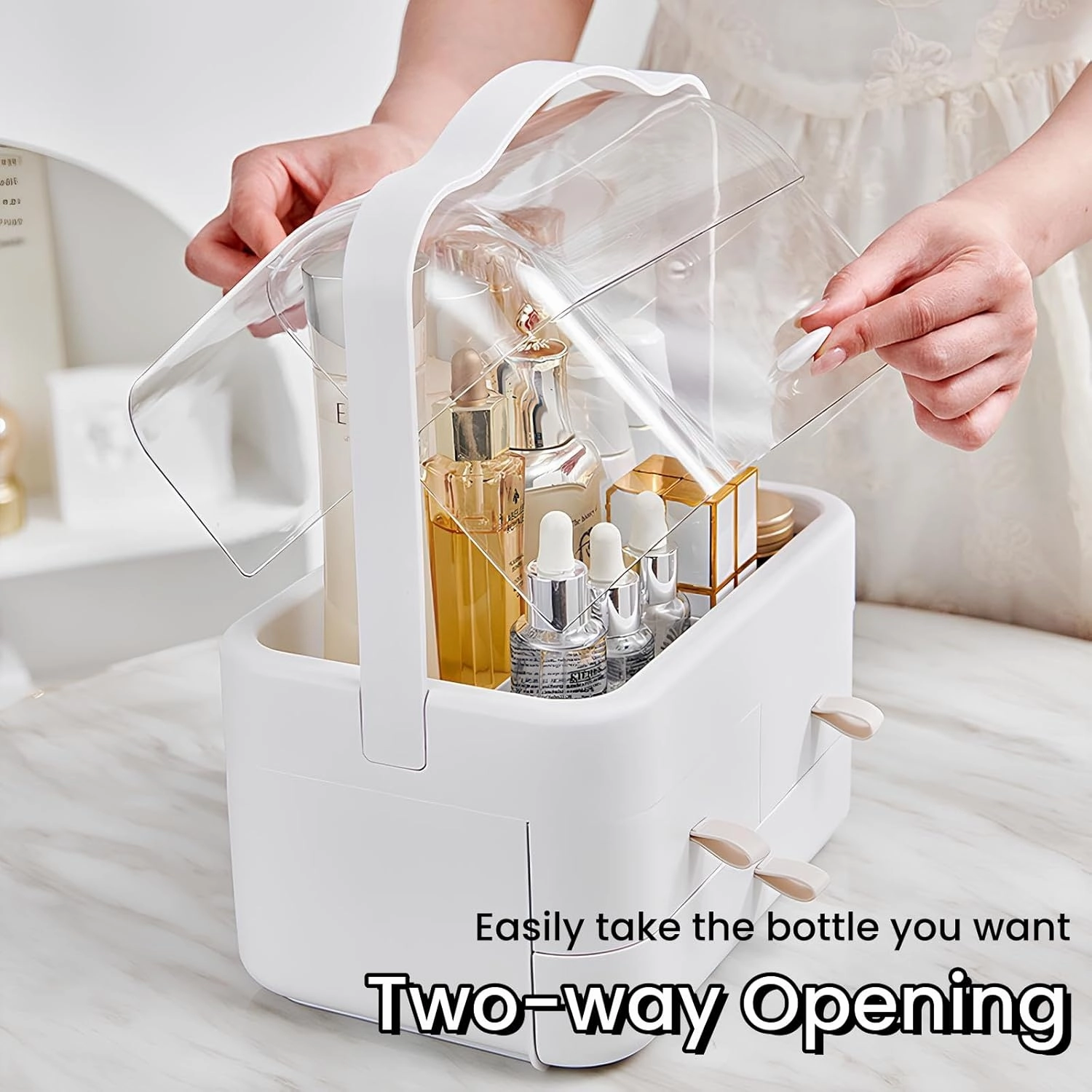 Makeup Organizer and Storage for Vanity with Lid and Drawers, Waterproof and Dustproof Portable Skincare Cosmetics Boxes, Makeup Caddy Holder for Vanity Countertop, Bathroom, Dresser-All White