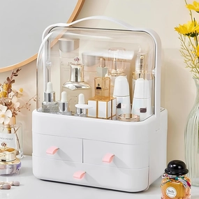 Makeup Organizer and Storage for Vanity with Lid and Drawers, Waterproof and Dustproof Portable Skincare Cosmetics Boxes, Makeup Caddy Holder for Vanity Countertop, Bathroom, Dresser, Bedroom