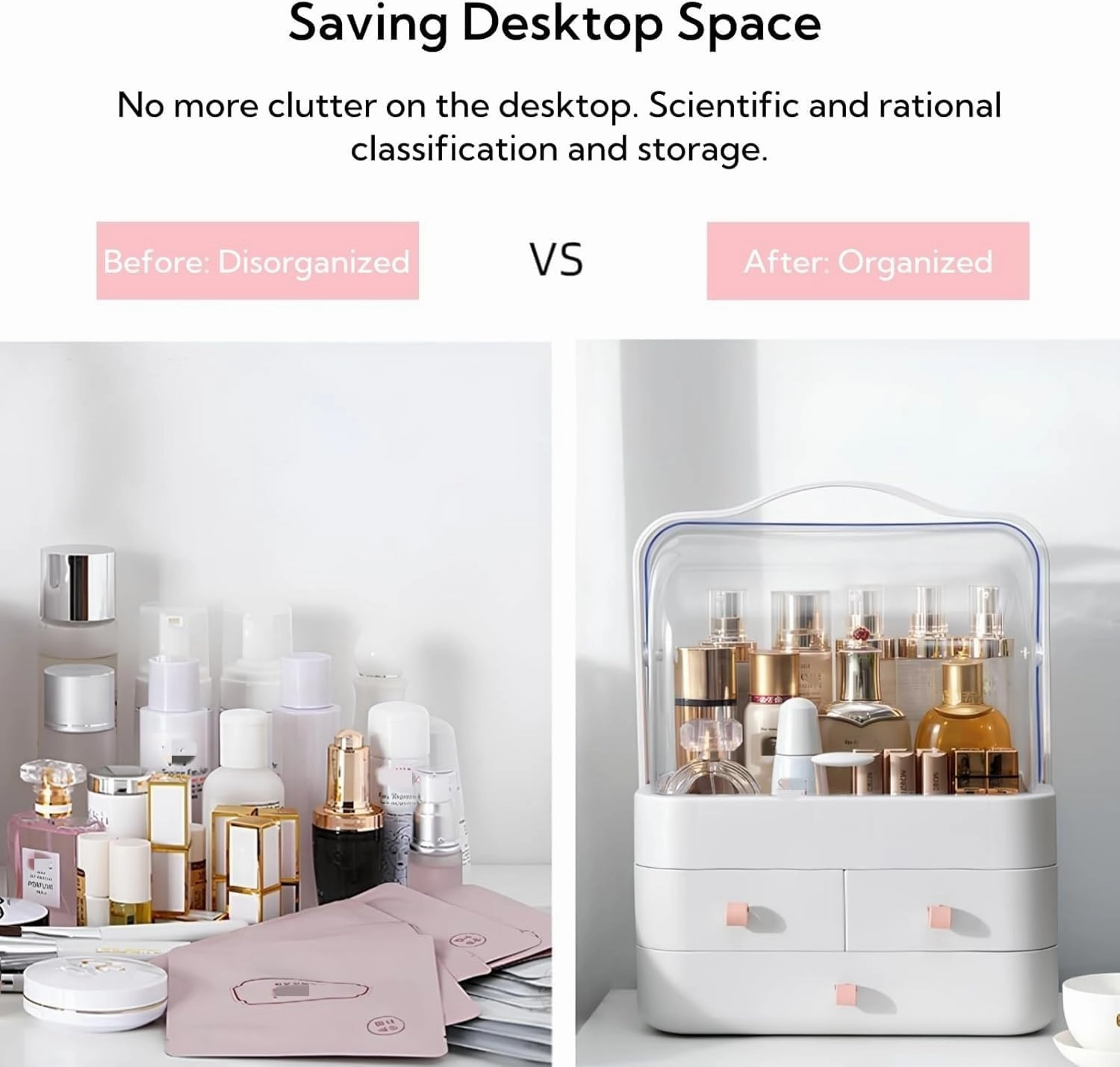 Makeup Organizer and Storage for Vanity with Lid and Drawers, Waterproof and Dustproof Portable Skincare Cosmetics Boxes, Makeup Caddy Holder for Vanity Countertop, Bathroom, Dresser, Bedroom