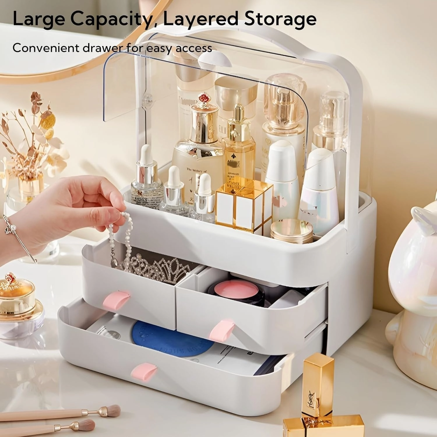 Makeup Organizer and Storage for Vanity with Lid and Drawers, Waterproof and Dustproof Portable Skincare Cosmetics Boxes, Makeup Caddy Holder for Vanity Countertop, Bathroom, Dresser, Bedroom