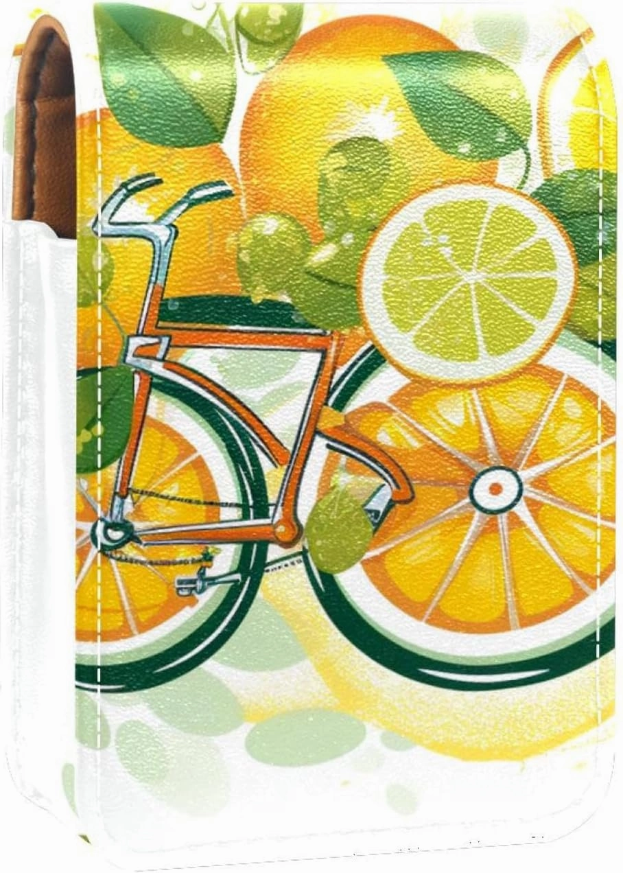 Makeup Organizer,Makeup Lipstick Case for Outside Mini Bag Travel Cosmetic Pouch,Bike Wheels Lemon and Orange