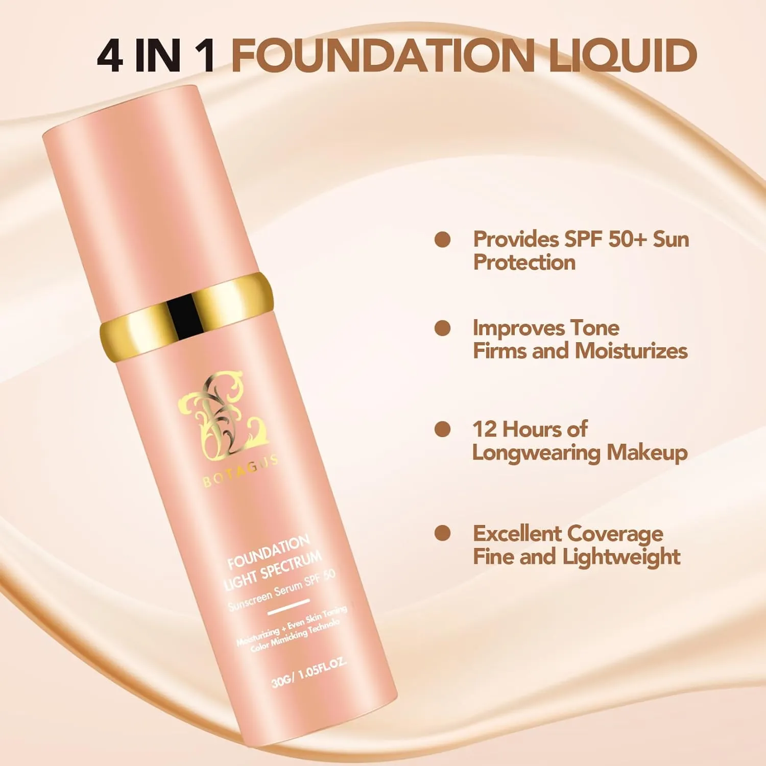 Match Cosmetics Foundation 4 in 1-Light Spectrum,4 in 1 Cosmetics Foundation Liquid with SPF 50 , Concealer Cosmetic Lightweight Makeup, Longwearing & Waterproof for Makeup