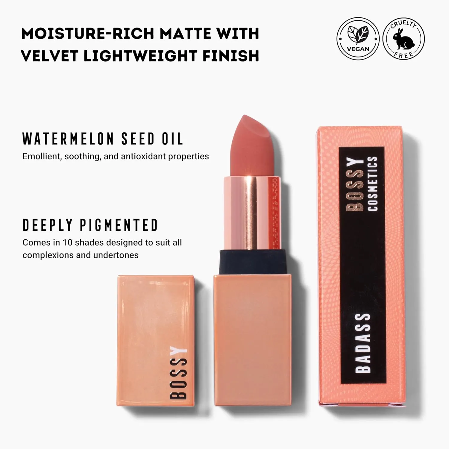 Matte, Long Lasting, Hydrating Vegan Lipstick with Vitamin E and Watermelon Seed Oil (Badass- Soft Orange Color)
