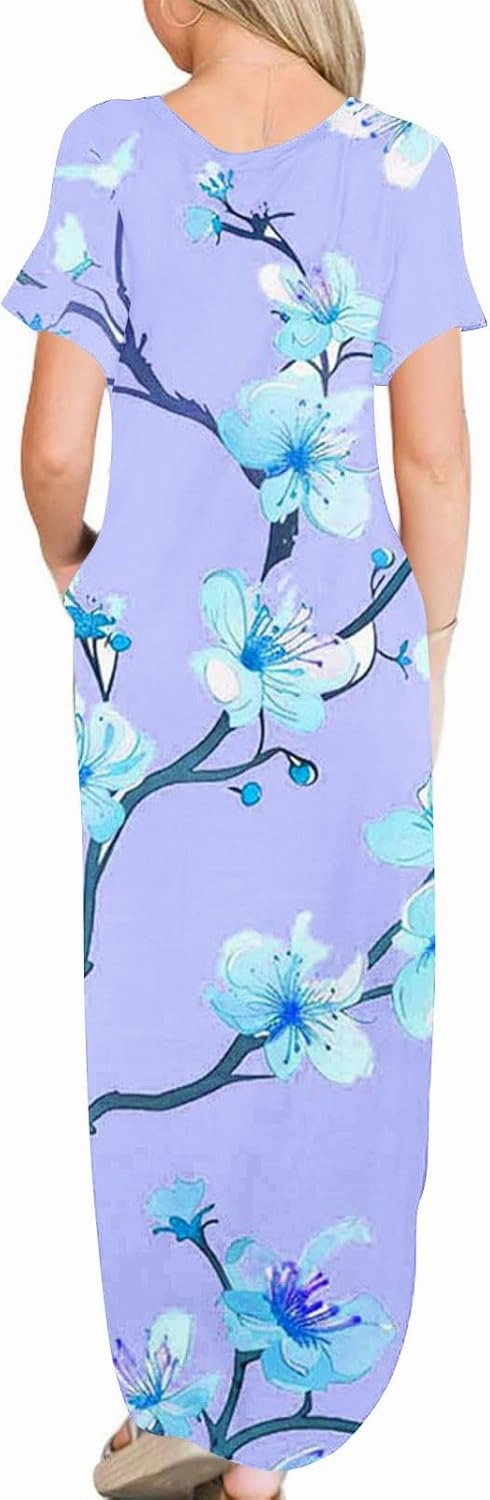 Maxi Dresses for Women 2025 Short Sleeve Casual Boho Floral T-Shirt Dress Flowy Beach Sundress with Pockets
