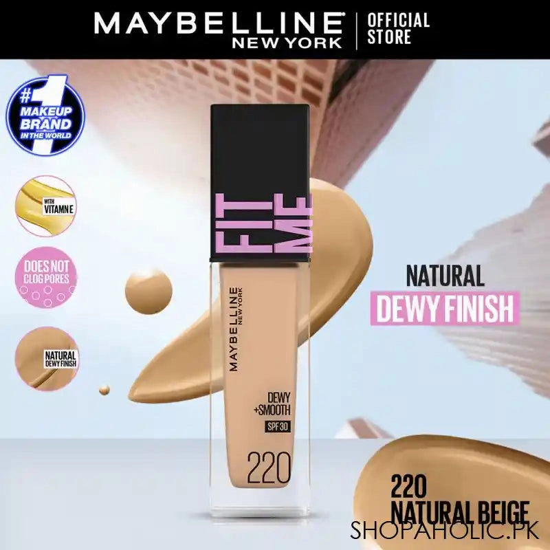Maybelline New York Fit Me Dewy   Smooth SPF 30 Foundation Pump, 220 Natural Beige, 30ml