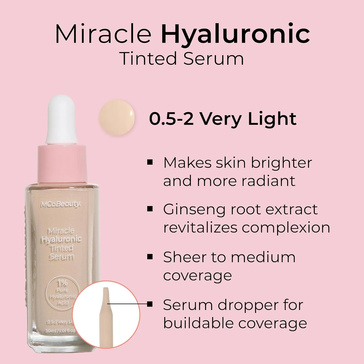 MCoBeauty Miracle Hyaluronic Tinted Serum, 0.5-2 Very Light, Hydration & Glow for Radiant Skin, Vegan, Cruelty Free Cosmetics