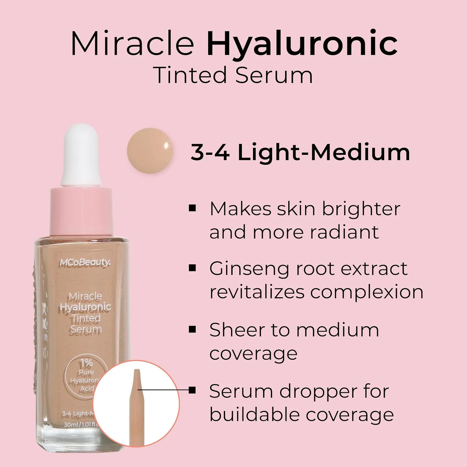 MCoBeauty Miracle Hyaluronic Tinted Serum, 3-4 Light/Medium, Hydration & Glow for Radiant Skin, Vegan, Cruelty Free Cosmetics