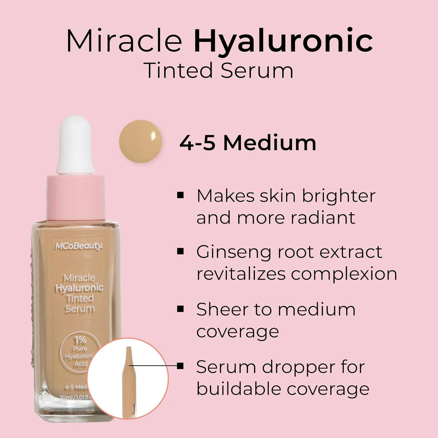 MCoBeauty Miracle Hyaluronic Tinted Serum, 4-5 Medium, Hydration & Glow for Radiant Skin, Vegan, Cruelty Free Cosmetics