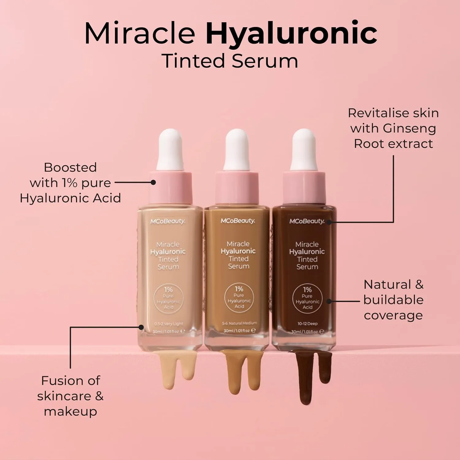 MCoBeauty Miracle Hyaluronic Tinted Serum, 5-6 Medium/Tan, Hydration & Glow for Radiant Skin, Vegan, Cruelty Free Cosmetics