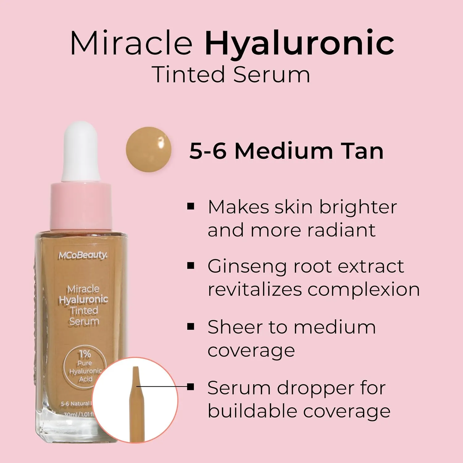 MCoBeauty Miracle Hyaluronic Tinted Serum, 5-6 Medium/Tan, Hydration & Glow for Radiant Skin, Vegan, Cruelty Free Cosmetics