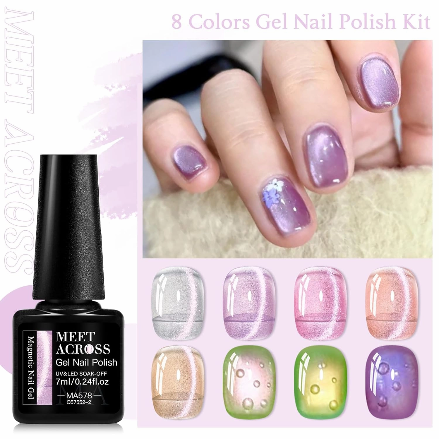 MEET ACROSS Jelly Cat Eye Gel Nail Polish Set 8 Colors Cat Magnetic Eye Gel Translucent Crystal Gel Nail Polish Glitter Pale Purple Pink Manicure Kit 7ml
