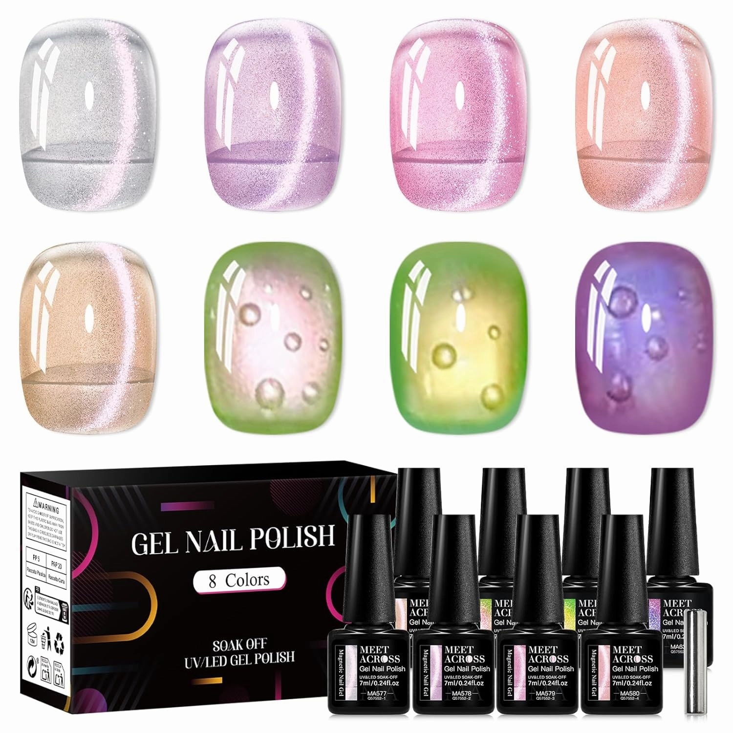 MEET ACROSS Jelly Cat Eye Gel Nail Polish Set 8 Colors Cat Magnetic Eye Gel Translucent Crystal Gel Nail Polish Glitter Pale Purple Pink Manicure Kit 7ml