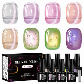 MEET ACROSS Jelly Cat Eye Gel Nail Polish Set 8 Colors Cat Magnetic Eye Gel Translucent Crystal Gel Nail Polish Glitter Pale Purple Pink Manicure Kit 7ml
