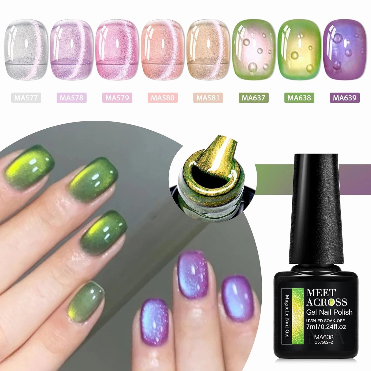 MEET ACROSS Jelly Cat Eye Gel Nail Polish Set 8 Colors Cat Magnetic Eye Gel Translucent Crystal Gel Nail Polish Glitter Pale Purple Pink Manicure Kit 7ml