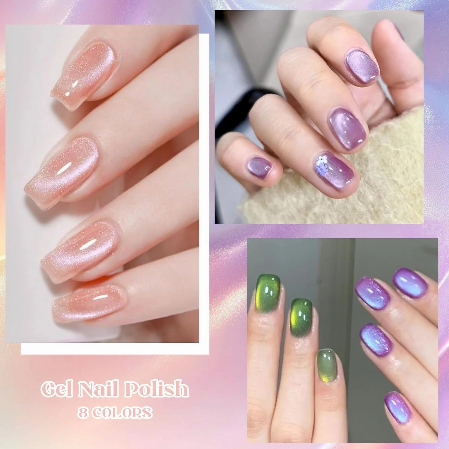 MEET ACROSS Jelly Cat Eye Gel Nail Polish Set 8 Colors Cat Magnetic Eye Gel Translucent Crystal Gel Nail Polish Glitter Pale Purple Pink Manicure Kit 7ml