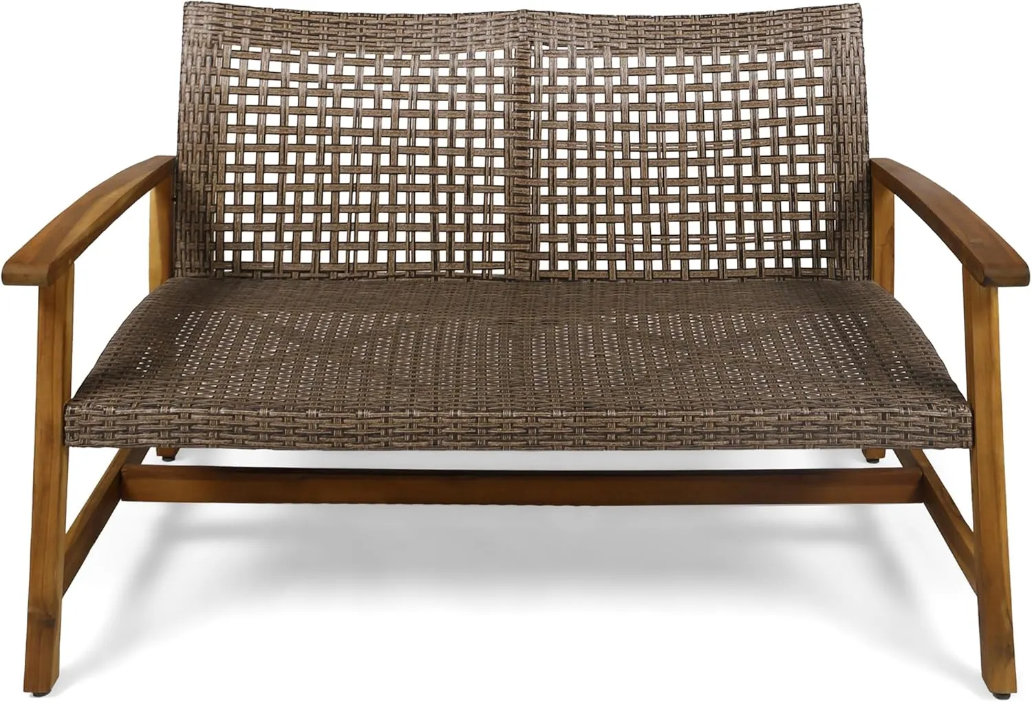 Merax Outdoor Patio Wicker Sofa, Small Casual Couch Loveseat with High Back & Armrest, Acacia Wooden Furniture for Backyard Garden, Waterr Resistant, Iron Seat Frame, Natural