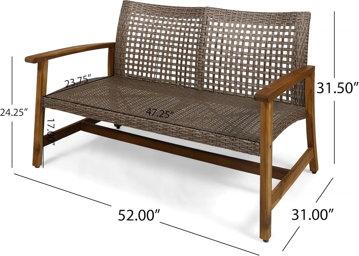 Merax Outdoor Patio Wicker Sofa, Small Casual Couch Loveseat with High Back & Armrest, Acacia Wooden Furniture for Backyard Garden, Waterr Resistant, Iron Seat Frame, Natural