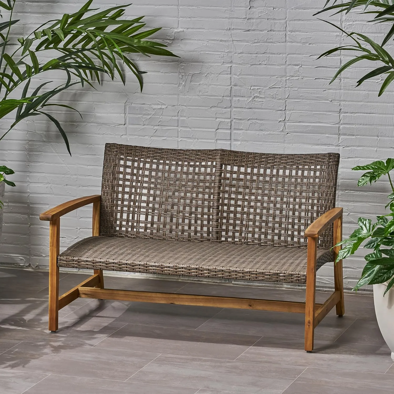 Merax Outdoor Patio Wicker Sofa, Small Casual Couch Loveseat with High Back & Armrest, Acacia Wooden Furniture for Backyard Garden, Waterr Resistant, Iron Seat Frame, Natural