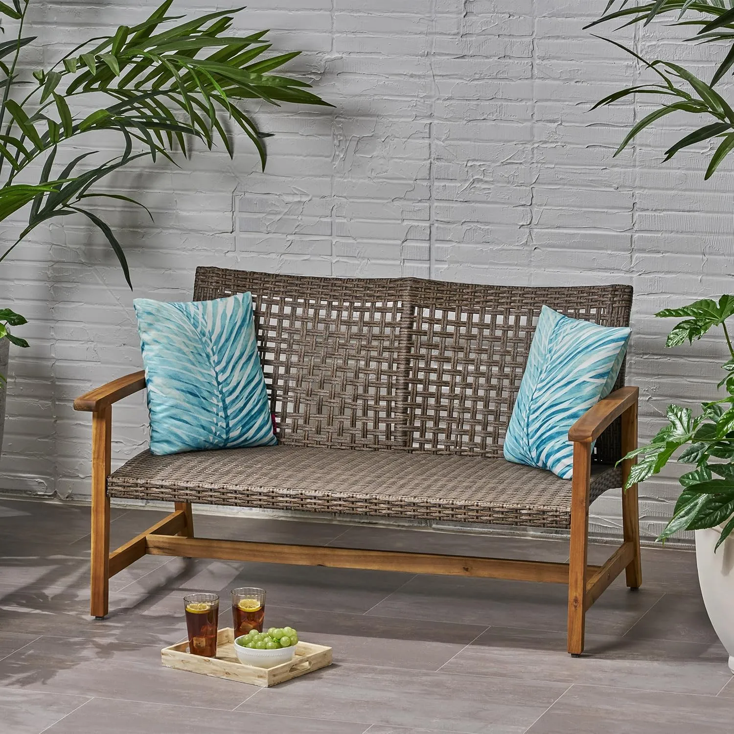 Merax Outdoor Patio Wicker Sofa, Small Casual Couch Loveseat with High Back & Armrest, Acacia Wooden Furniture for Backyard Garden, Waterr Resistant, Iron Seat Frame, Natural