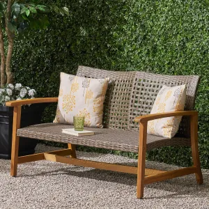 Merax Outdoor Patio Wicker Sofa, Small Casual Couch Loveseat with High Back & Armrest, Acacia Wooden Furniture for Backyard Garden, Waterr Resistant, Iron Seat Frame, Natural