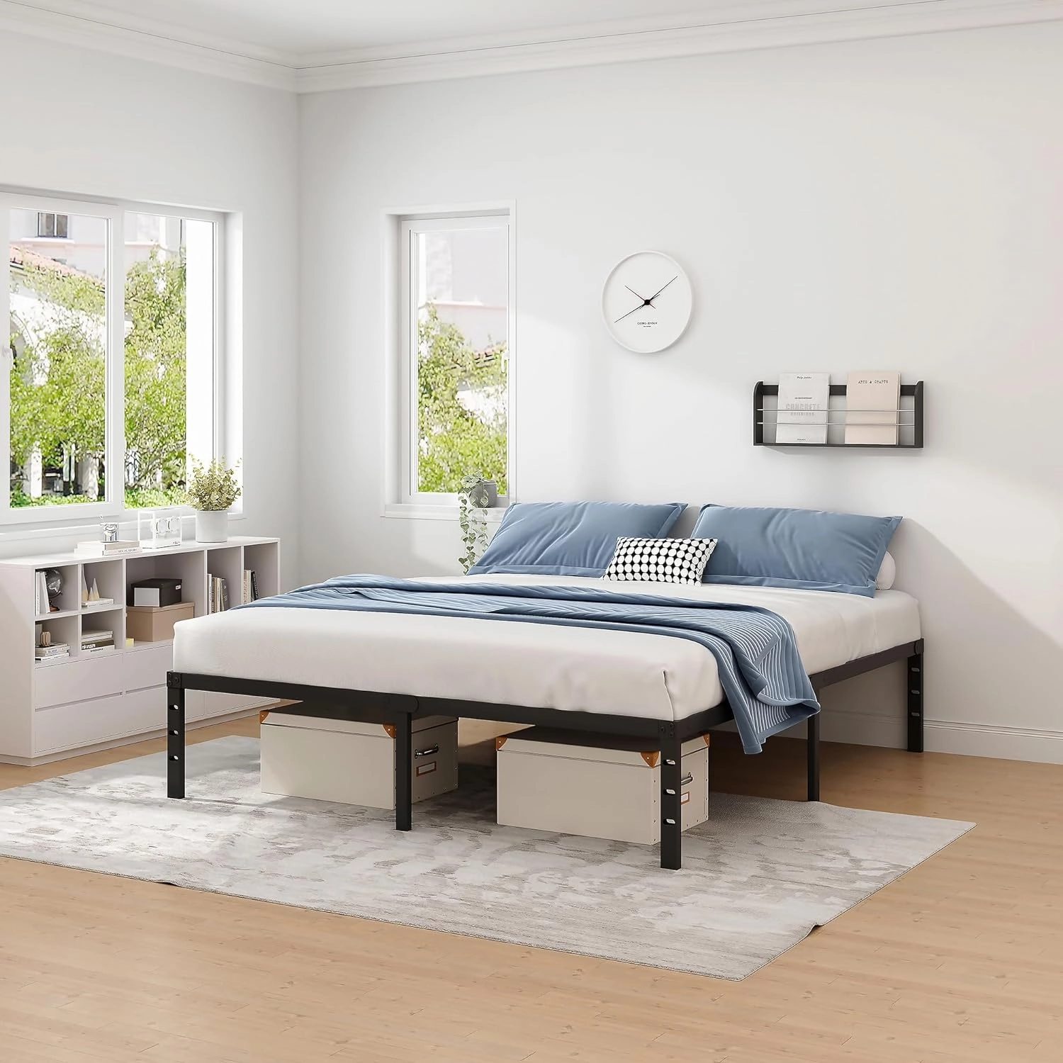 Metal Bed Frame,Full Size Bed Frame with Storage Space,Heavy Duty Sturdy Mattress Foundation,Easy Assembly,No Box Spring Needed, Black,16 Inch,Full