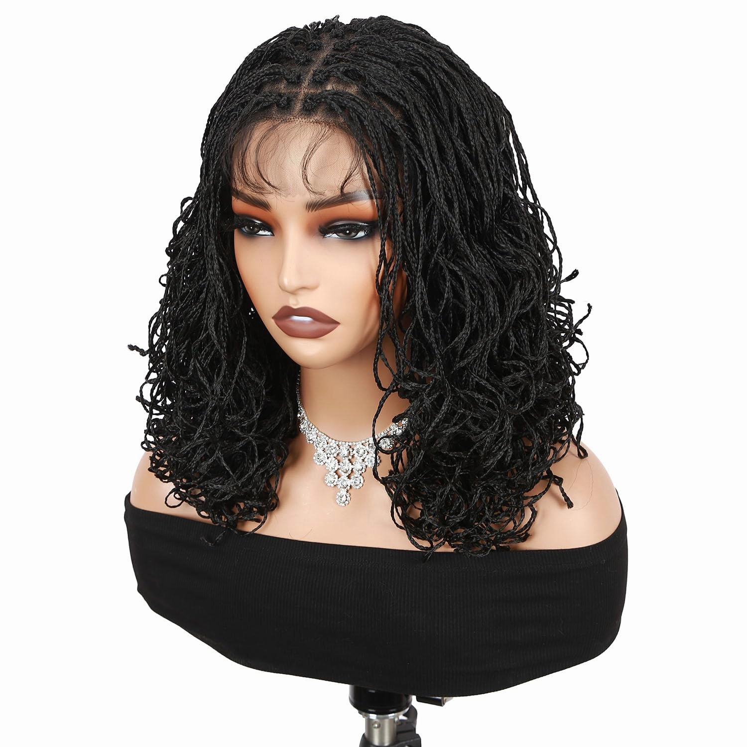 Micro Twist Braided Double Full Lace Wigs for Black Women Mini Braid Wig with Baby Hair Short Curly Box Braid Lace Synthetic Black Hair 14Inch