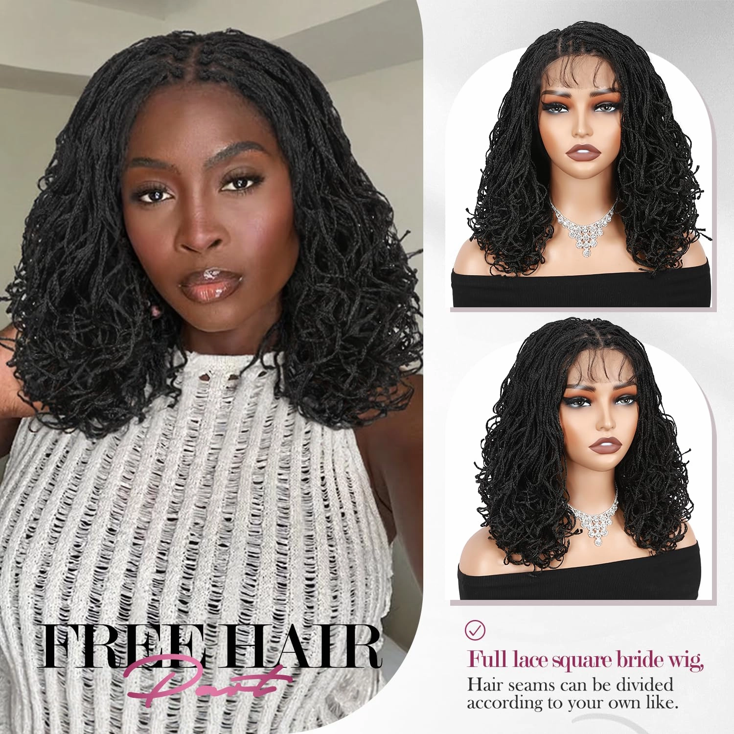 Micro Twist Braided Double Full Lace Wigs for Black Women Mini Braid Wig with Baby Hair Short Curly Box Braid Lace Synthetic Black Hair 14Inch