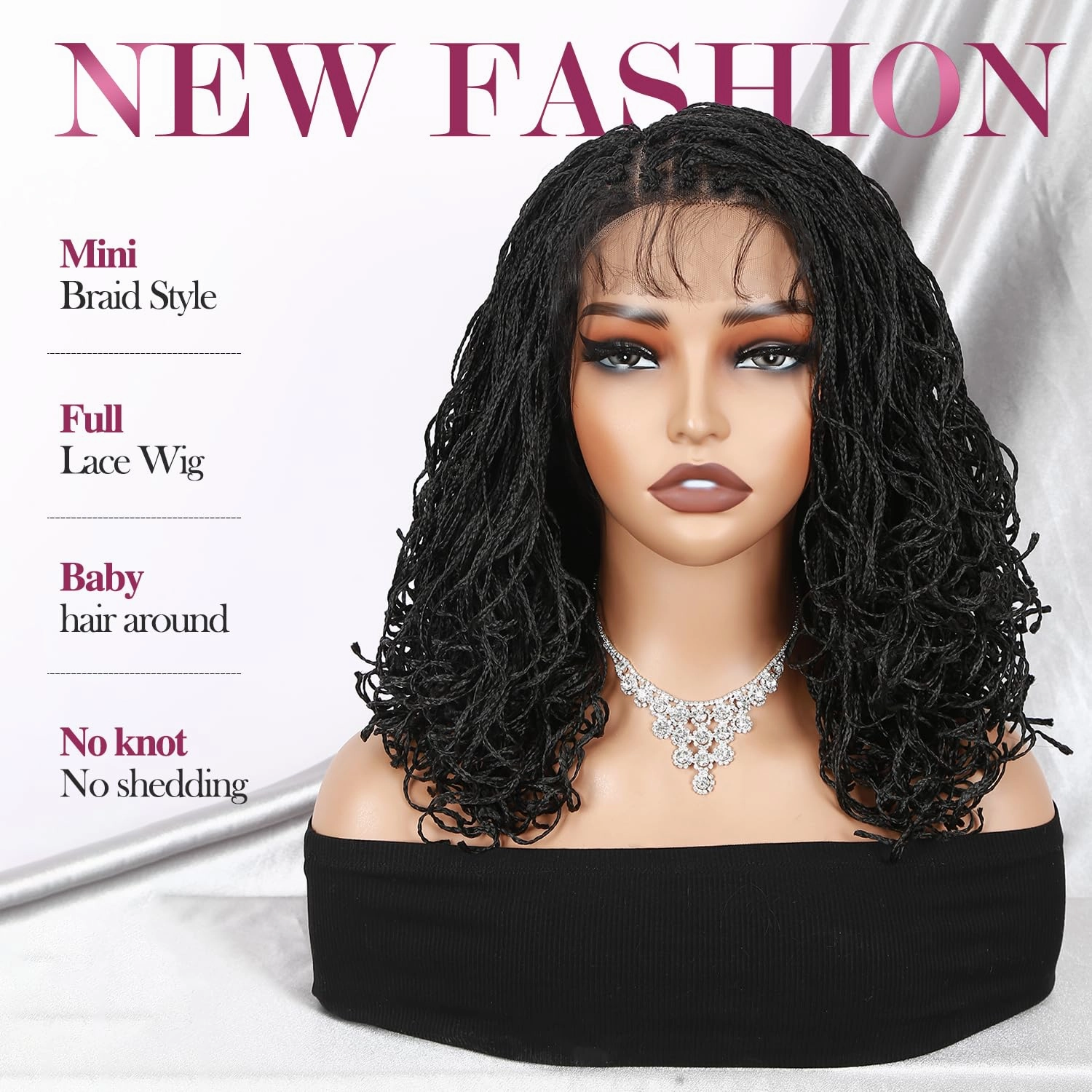 Micro Twist Braided Double Full Lace Wigs for Black Women Mini Braid Wig with Baby Hair Short Curly Box Braid Lace Synthetic Black Hair 14Inch