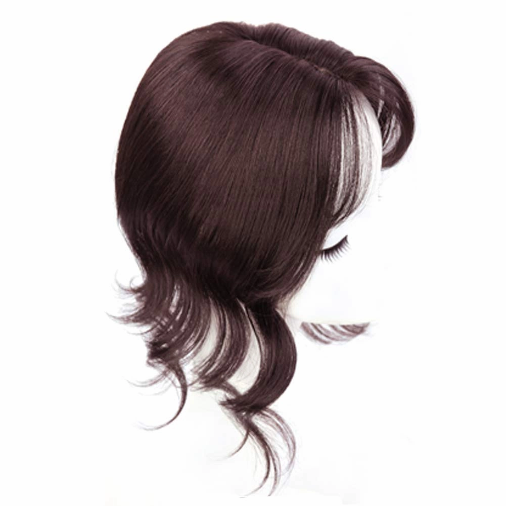 Middle Part Fringe Skin Base Topper 14" French Wavy Style Clip in Hairpiece for Women Crown Thinning Hair Dark Reddish Brown