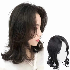 Middle Part Fringe Skin Base Topper 14" French Wavy Style Clip in Hairpiece for Women Crown Thinning Hair Dark Reddish Brown