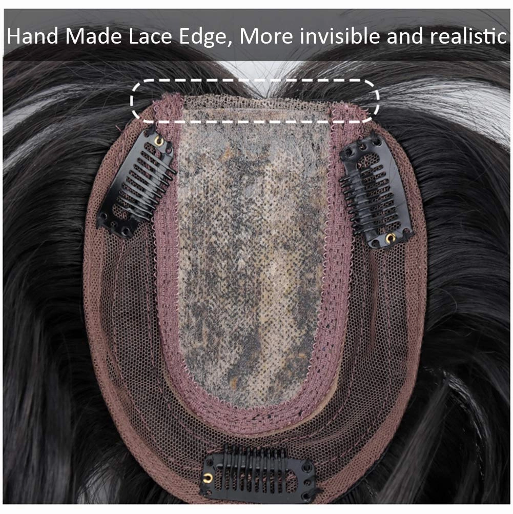 Middle Part Fringe Skin Base Topper 14" French Wavy Style Clip in Hairpiece for Women Crown Thinning Hair Dark Reddish Brown