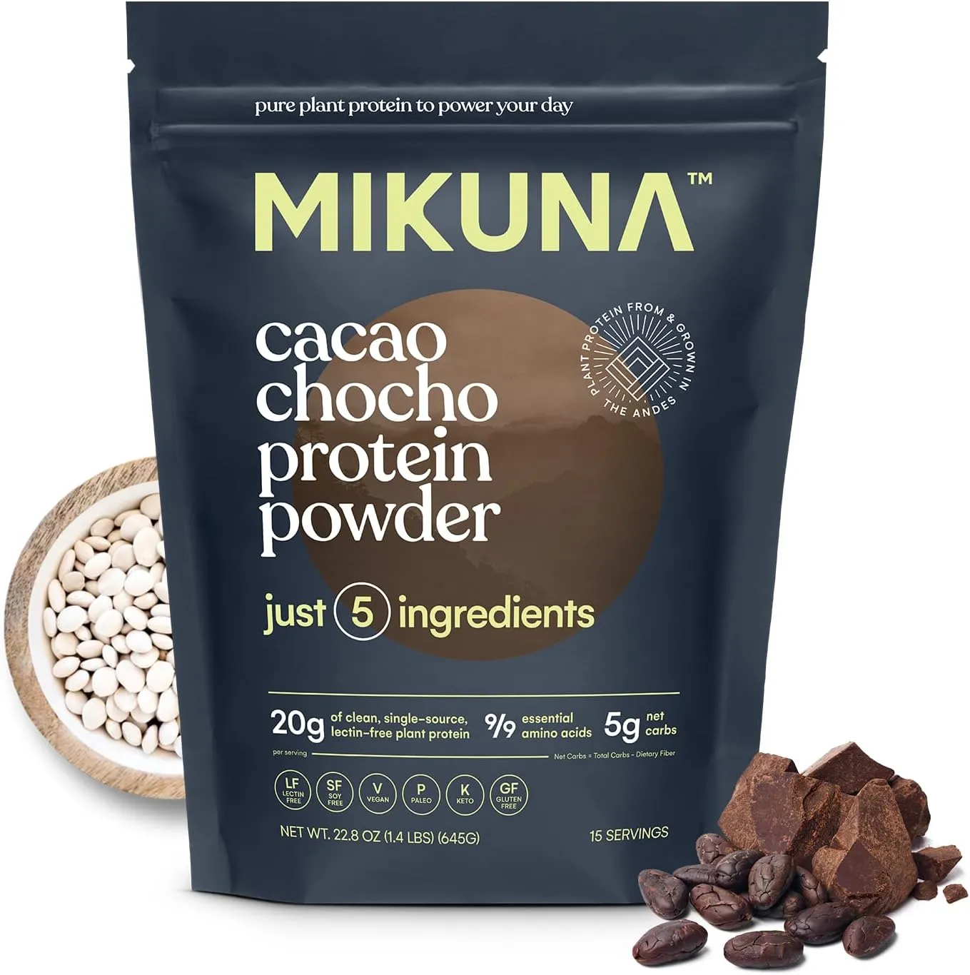Mikuna Vegan Protein Powder (Cacao, 15 Servings) - Plant Based Chocho Superfood Protein - Dairy Free Protein Powder Packed with Vitamins, Minerals & Fiber - Gluten, Keto & Lectin-Free